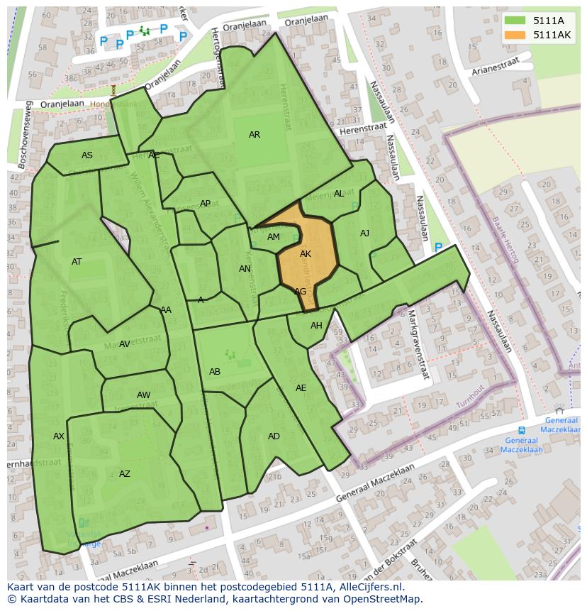 Afbeelding van het postcodegebied 5111 AK op de kaart.