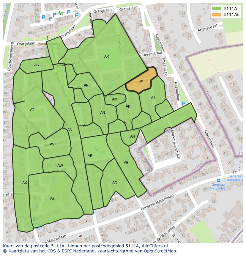 Afbeelding van het postcodegebied 5111 AL op de kaart.