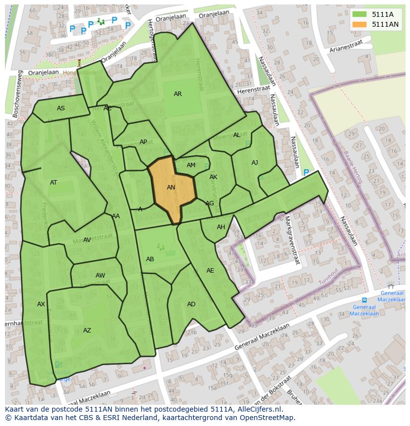 Afbeelding van het postcodegebied 5111 AN op de kaart.