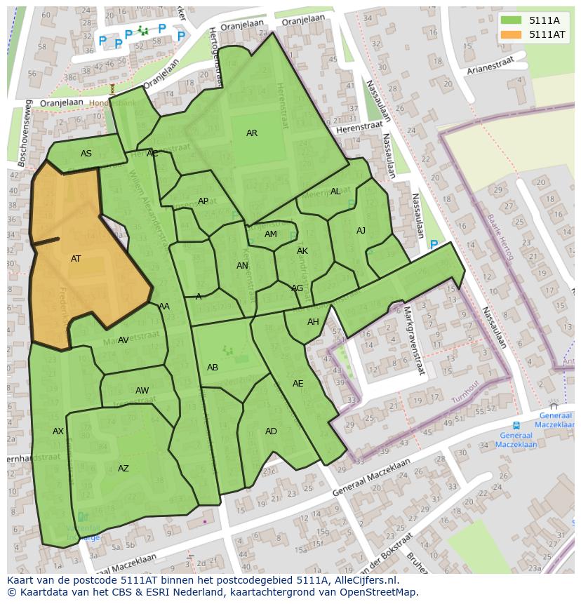 Afbeelding van het postcodegebied 5111 AT op de kaart.