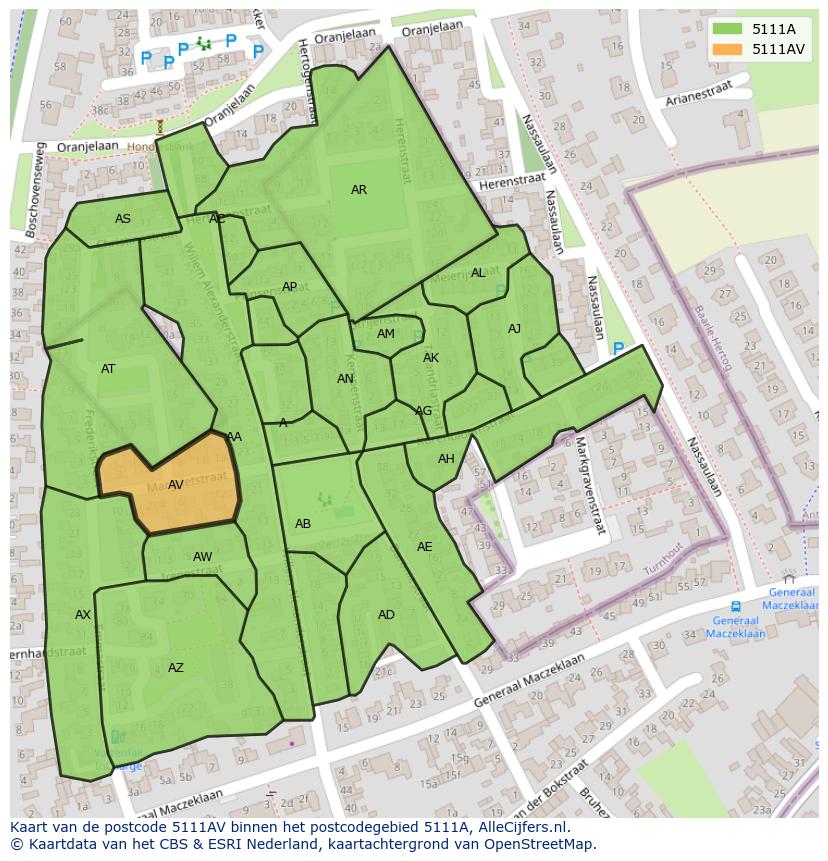 Afbeelding van het postcodegebied 5111 AV op de kaart.