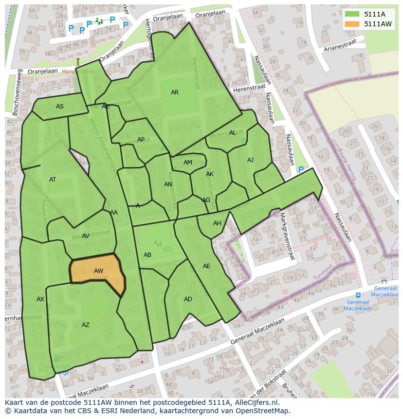 Afbeelding van het postcodegebied 5111 AW op de kaart.