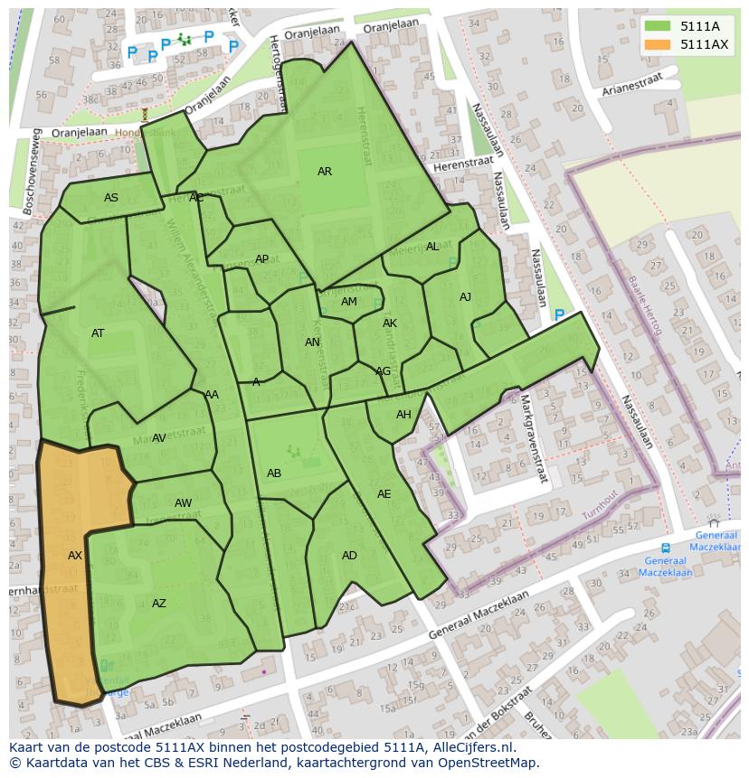 Afbeelding van het postcodegebied 5111 AX op de kaart.