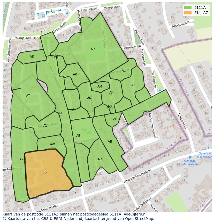 Afbeelding van het postcodegebied 5111 AZ op de kaart.
