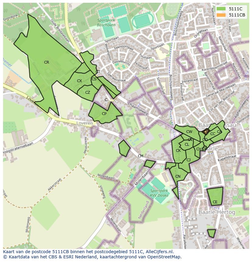 Afbeelding van het postcodegebied 5111 CB op de kaart.