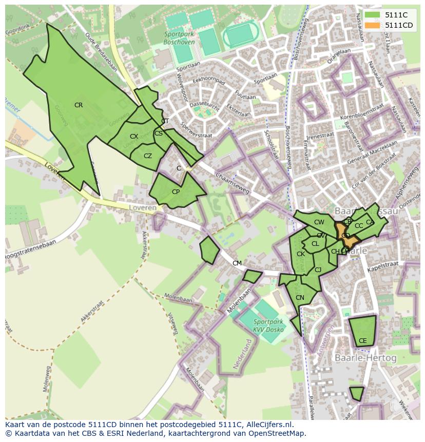 Afbeelding van het postcodegebied 5111 CD op de kaart.