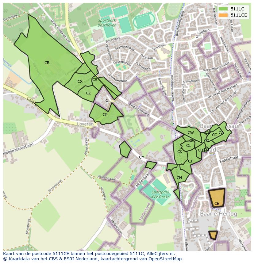 Afbeelding van het postcodegebied 5111 CE op de kaart.