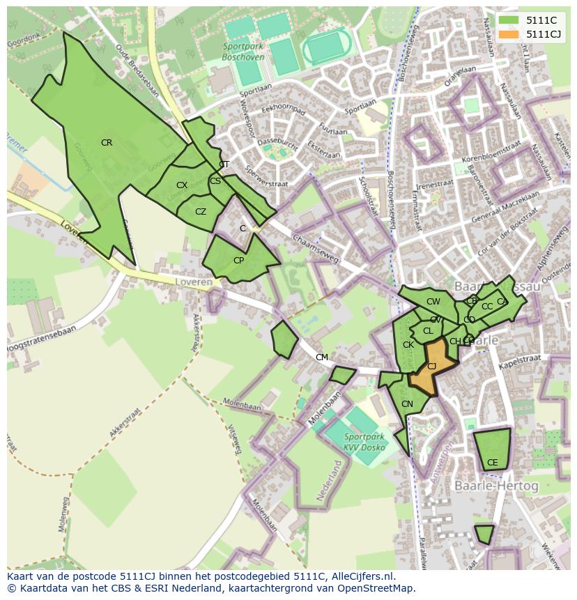 Afbeelding van het postcodegebied 5111 CJ op de kaart.