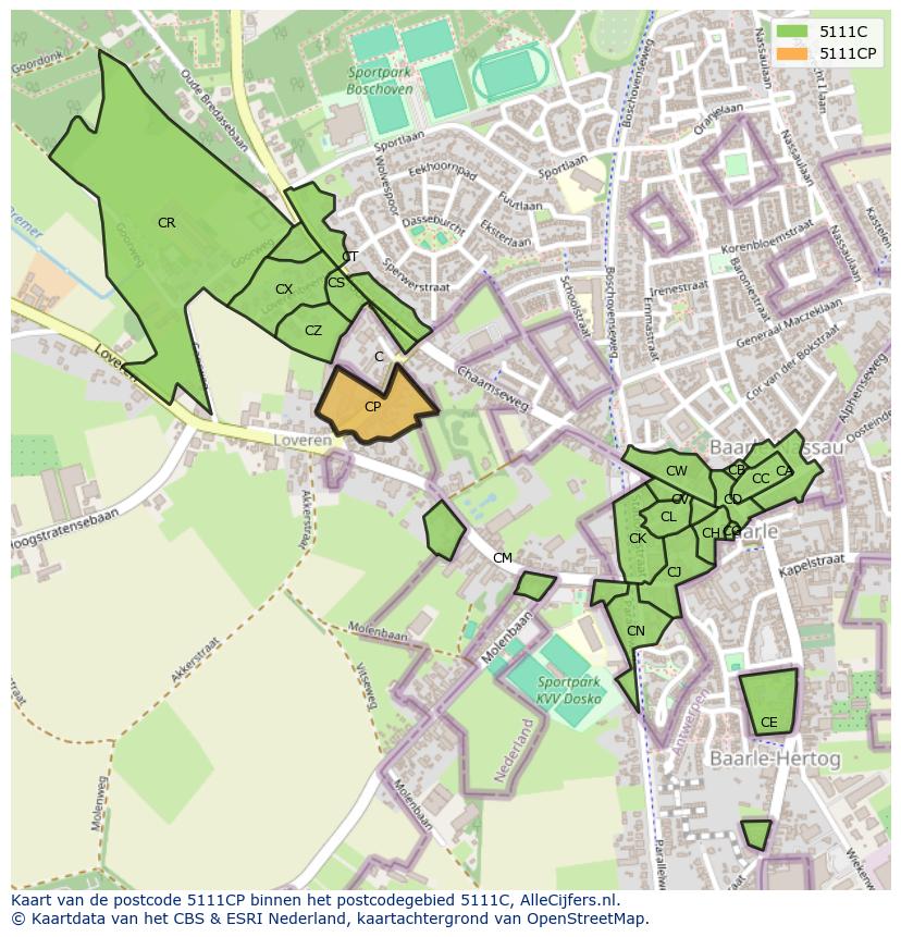 Afbeelding van het postcodegebied 5111 CP op de kaart.
