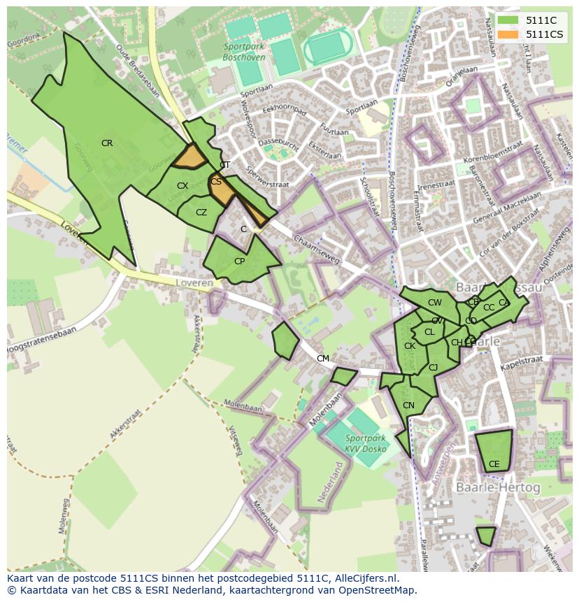 Afbeelding van het postcodegebied 5111 CS op de kaart.