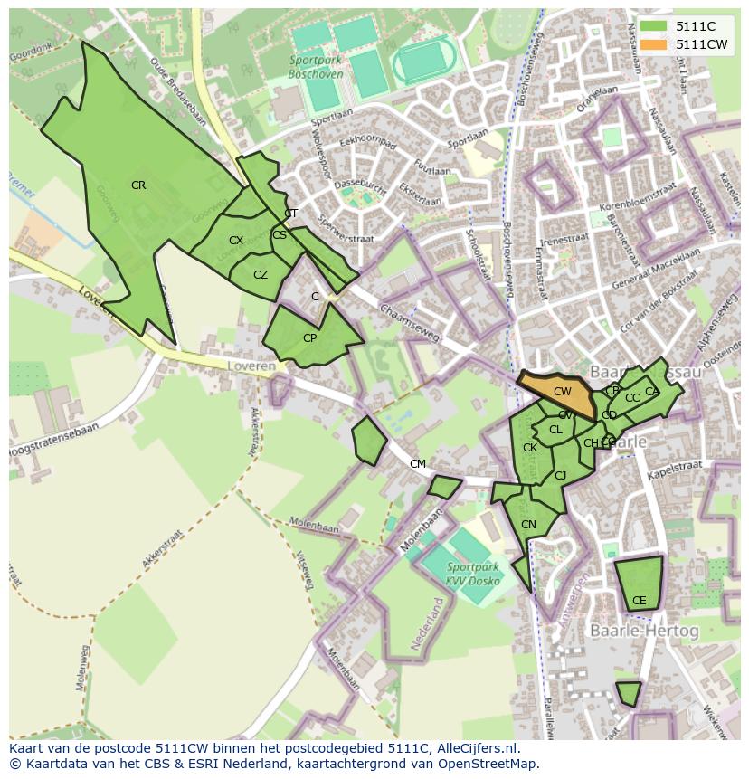 Afbeelding van het postcodegebied 5111 CW op de kaart.