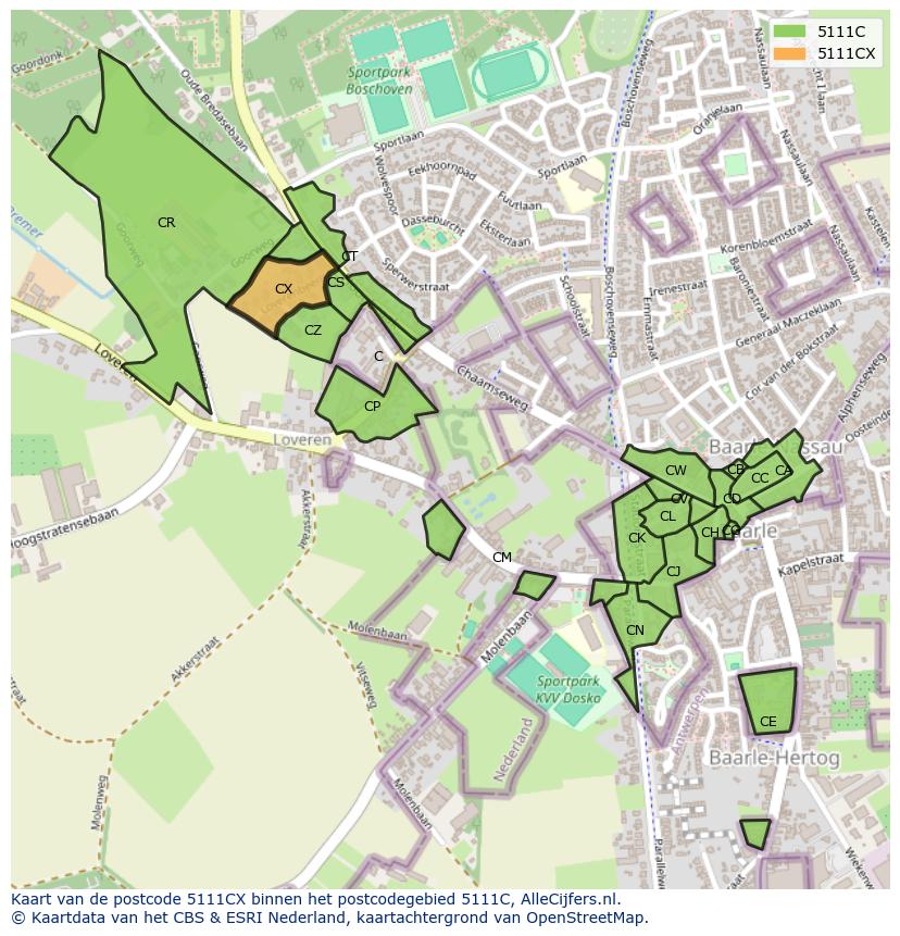 Afbeelding van het postcodegebied 5111 CX op de kaart.