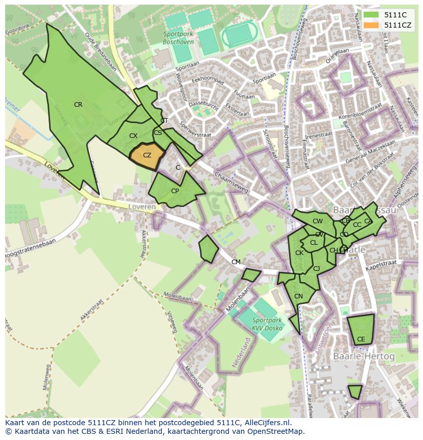 Afbeelding van het postcodegebied 5111 CZ op de kaart.