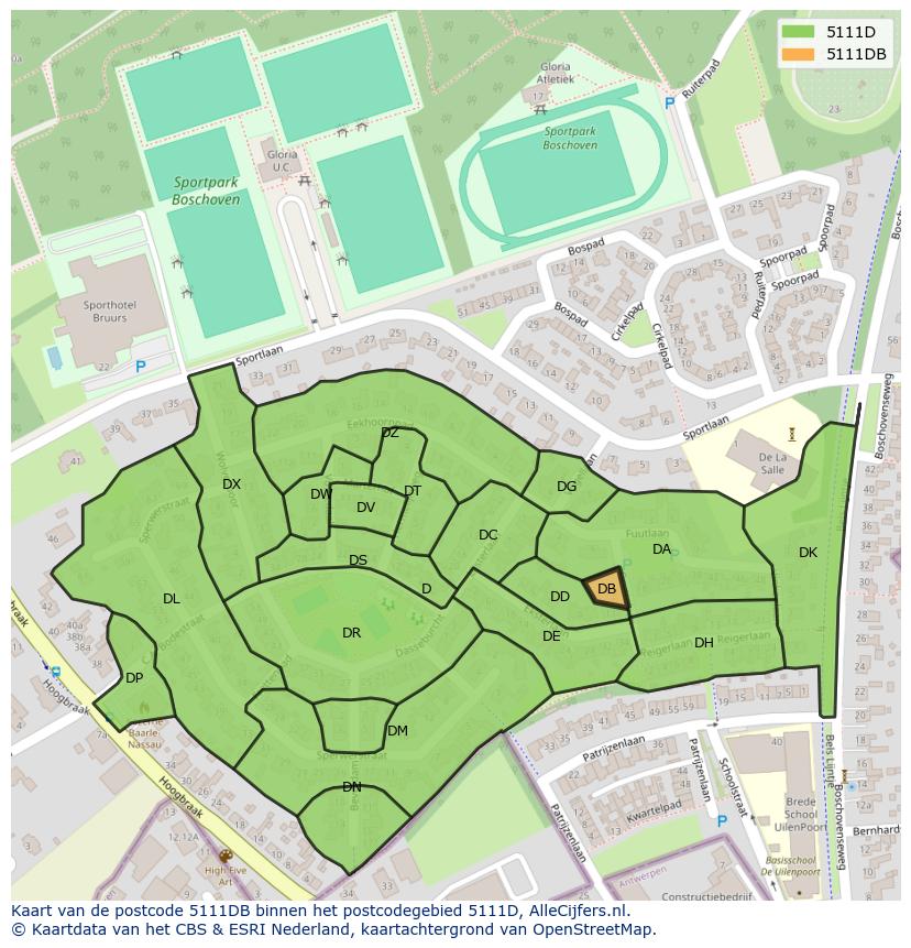 Afbeelding van het postcodegebied 5111 DB op de kaart.