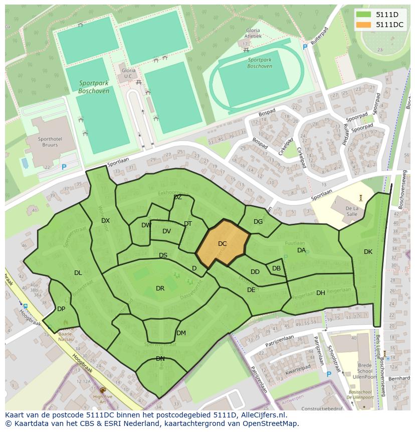 Afbeelding van het postcodegebied 5111 DC op de kaart.