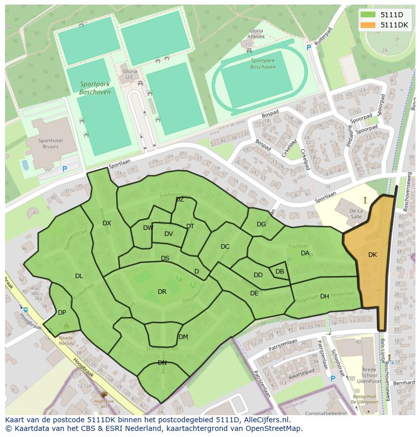 Afbeelding van het postcodegebied 5111 DK op de kaart.