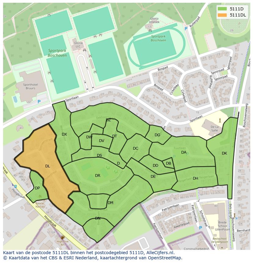 Afbeelding van het postcodegebied 5111 DL op de kaart.