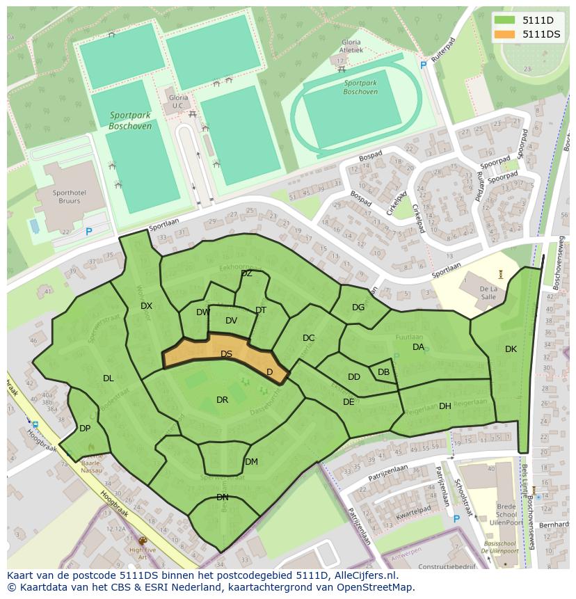 Afbeelding van het postcodegebied 5111 DS op de kaart.
