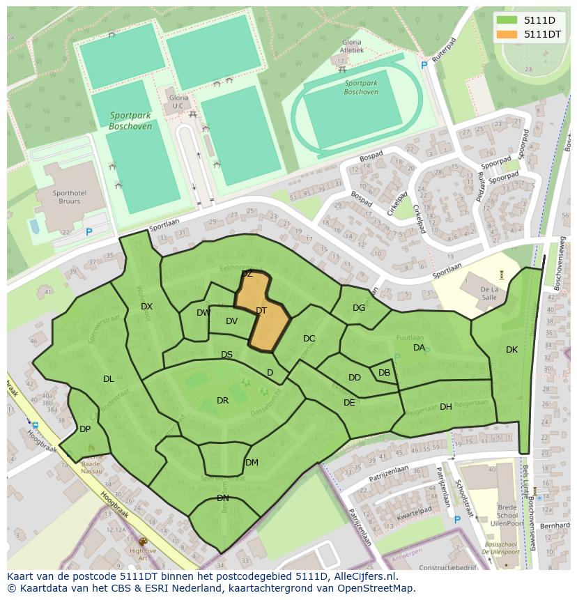Afbeelding van het postcodegebied 5111 DT op de kaart.