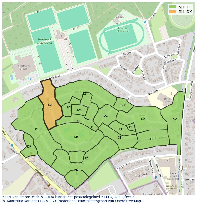 Afbeelding van het postcodegebied 5111 DX op de kaart.