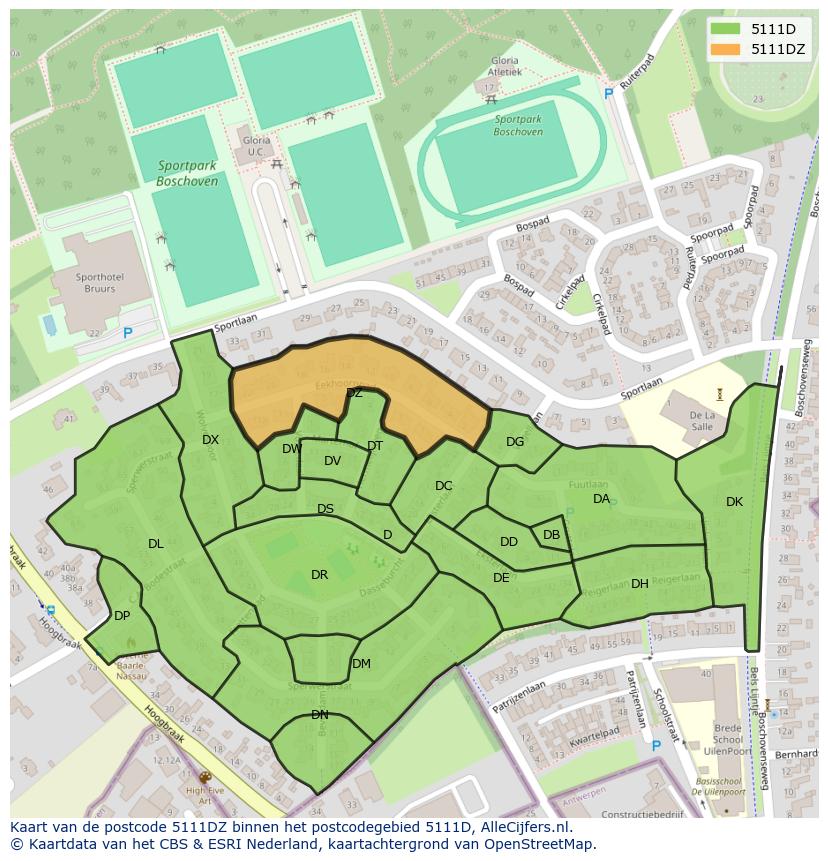 Afbeelding van het postcodegebied 5111 DZ op de kaart.