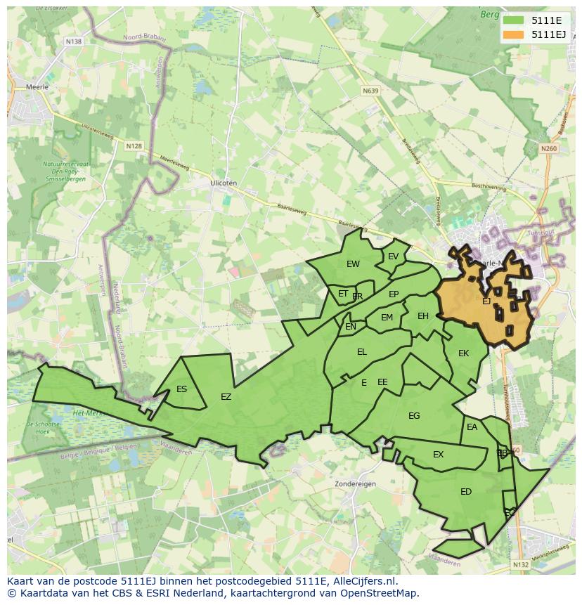 Afbeelding van het postcodegebied 5111 EJ op de kaart.