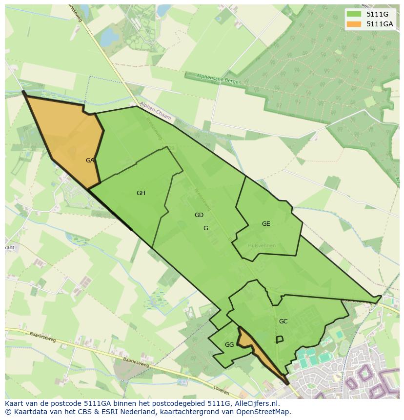Afbeelding van het postcodegebied 5111 GA op de kaart.
