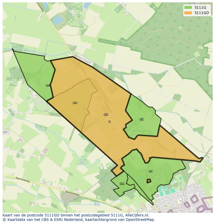 Afbeelding van het postcodegebied 5111 GD op de kaart.