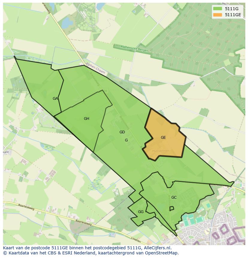 Afbeelding van het postcodegebied 5111 GE op de kaart.