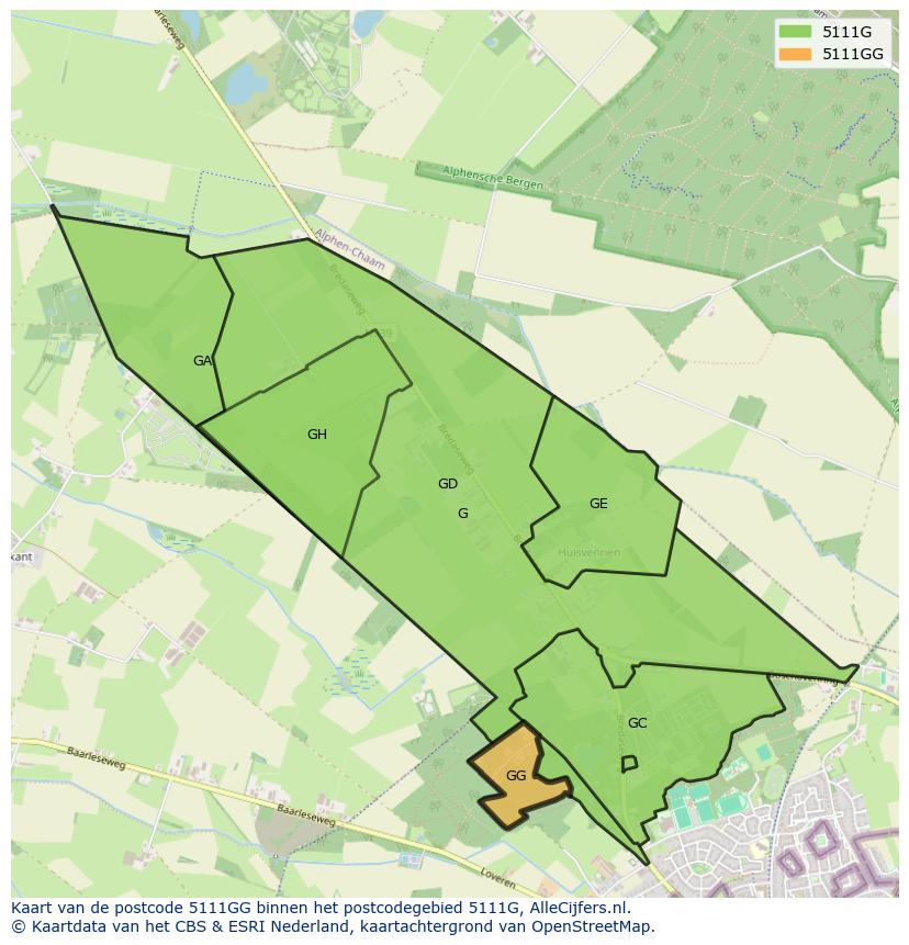 Afbeelding van het postcodegebied 5111 GG op de kaart.