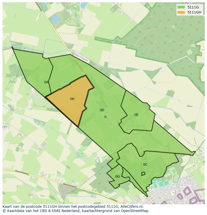 Afbeelding van het postcodegebied 5111 GH op de kaart.
