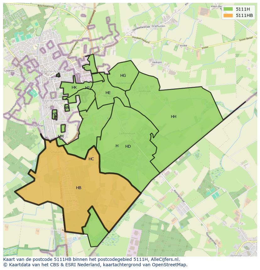 Afbeelding van het postcodegebied 5111 HB op de kaart.