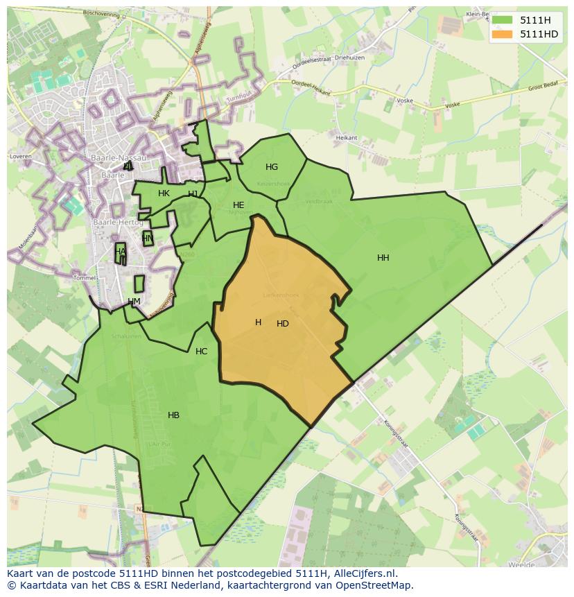 Afbeelding van het postcodegebied 5111 HD op de kaart.