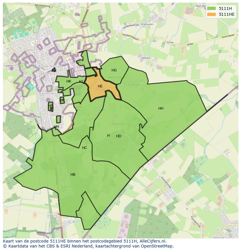 Afbeelding van het postcodegebied 5111 HE op de kaart.