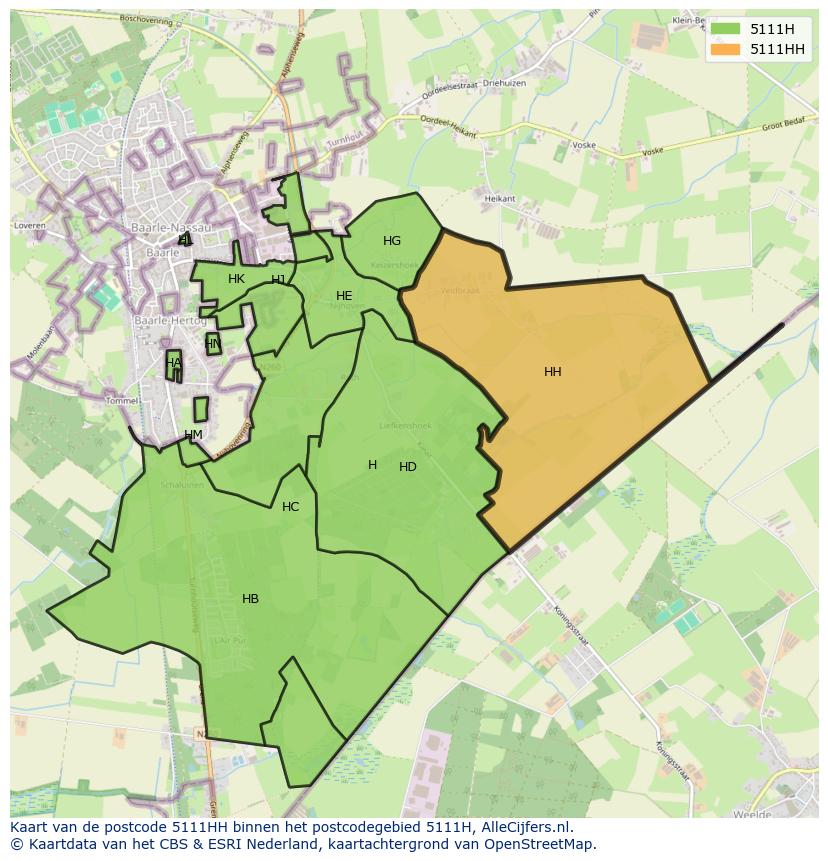 Afbeelding van het postcodegebied 5111 HH op de kaart.