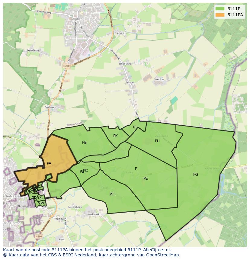 Afbeelding van het postcodegebied 5111 PA op de kaart.