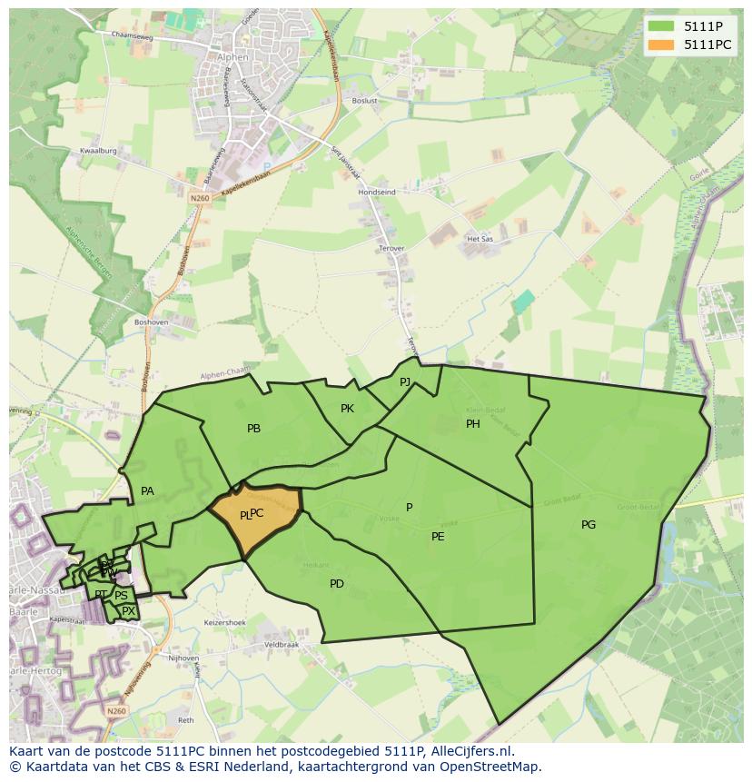 Afbeelding van het postcodegebied 5111 PC op de kaart.