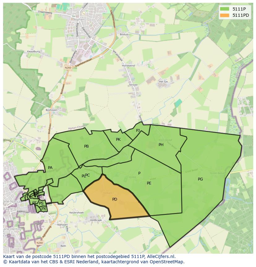 Afbeelding van het postcodegebied 5111 PD op de kaart.