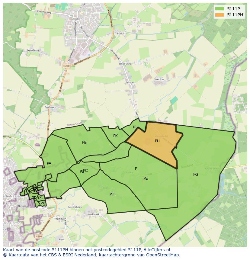 Afbeelding van het postcodegebied 5111 PH op de kaart.