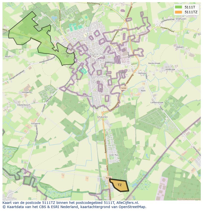 Afbeelding van het postcodegebied 5111 TZ op de kaart.