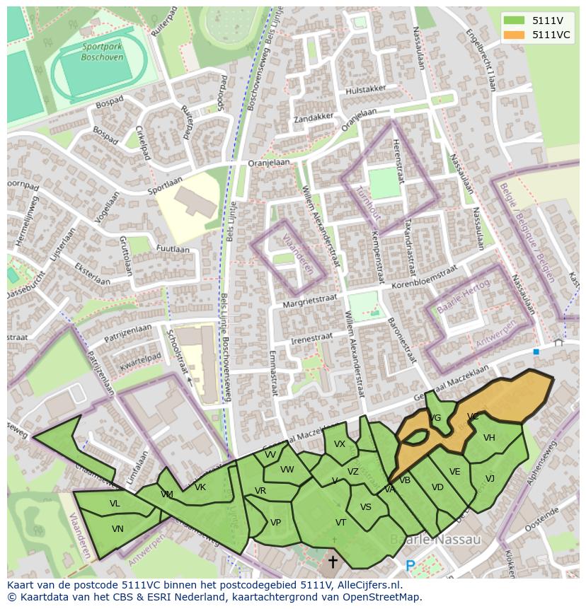 Afbeelding van het postcodegebied 5111 VC op de kaart.