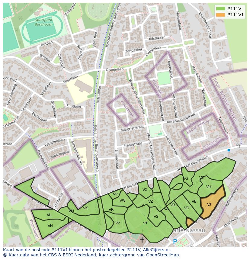 Afbeelding van het postcodegebied 5111 VJ op de kaart.