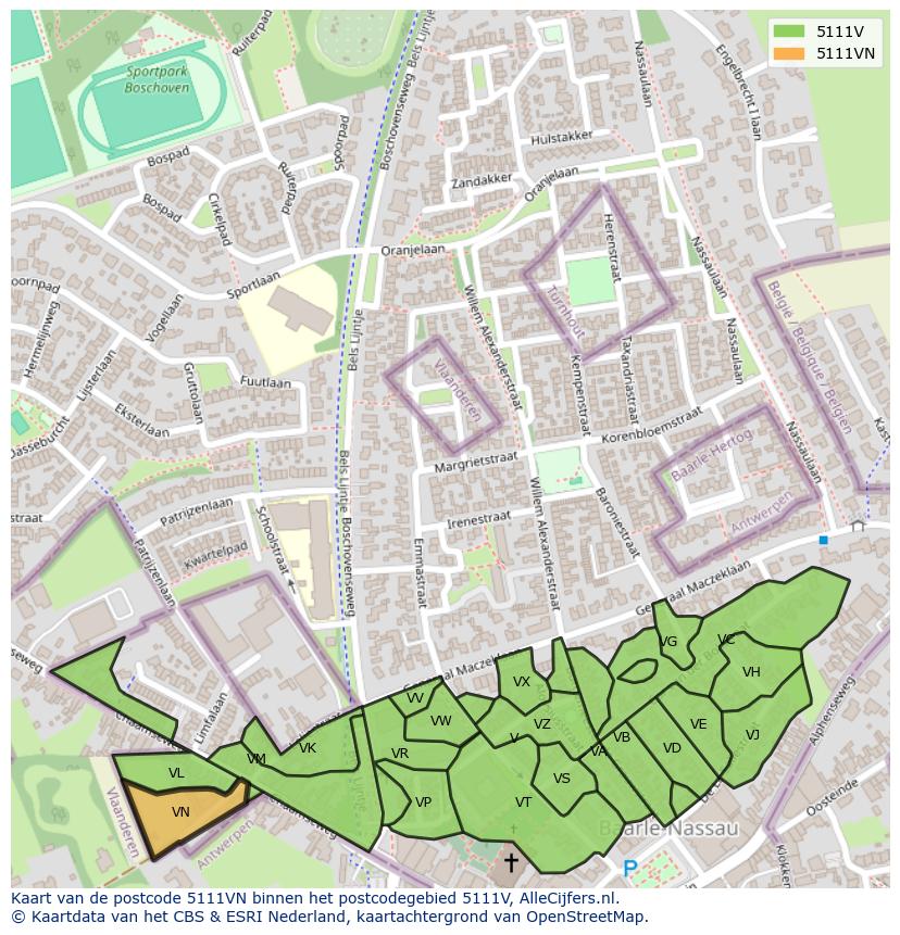 Afbeelding van het postcodegebied 5111 VN op de kaart.