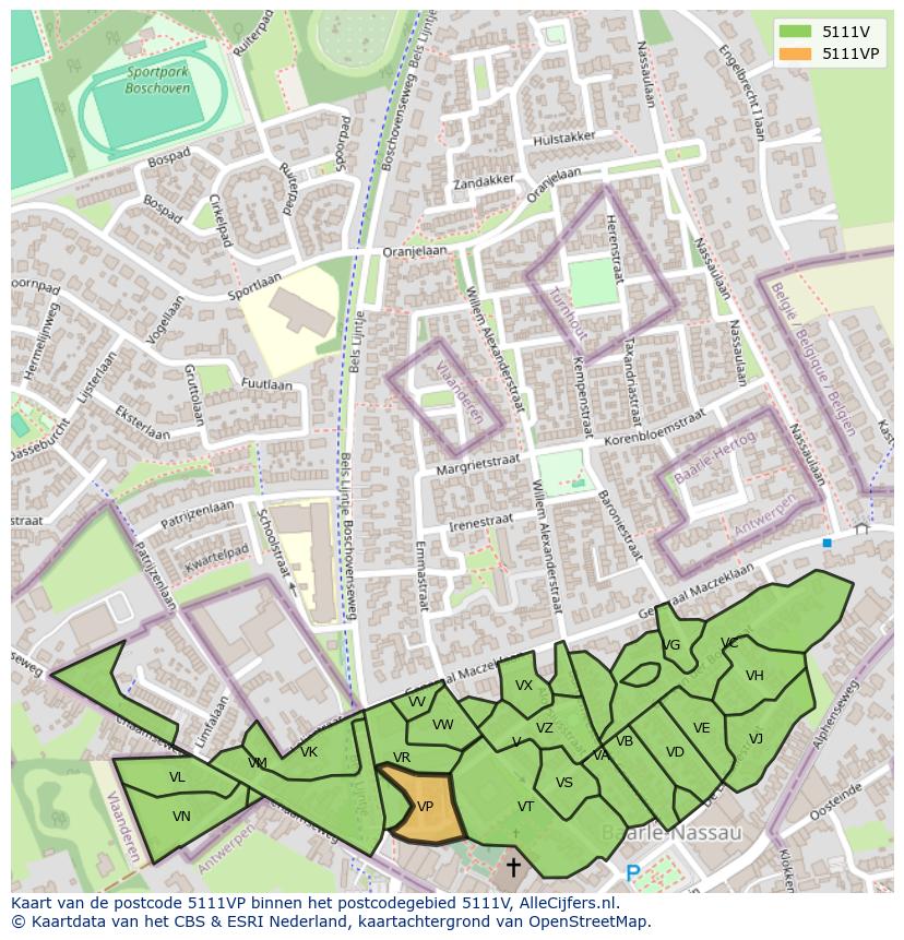 Afbeelding van het postcodegebied 5111 VP op de kaart.