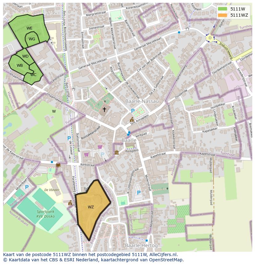 Afbeelding van het postcodegebied 5111 WZ op de kaart.