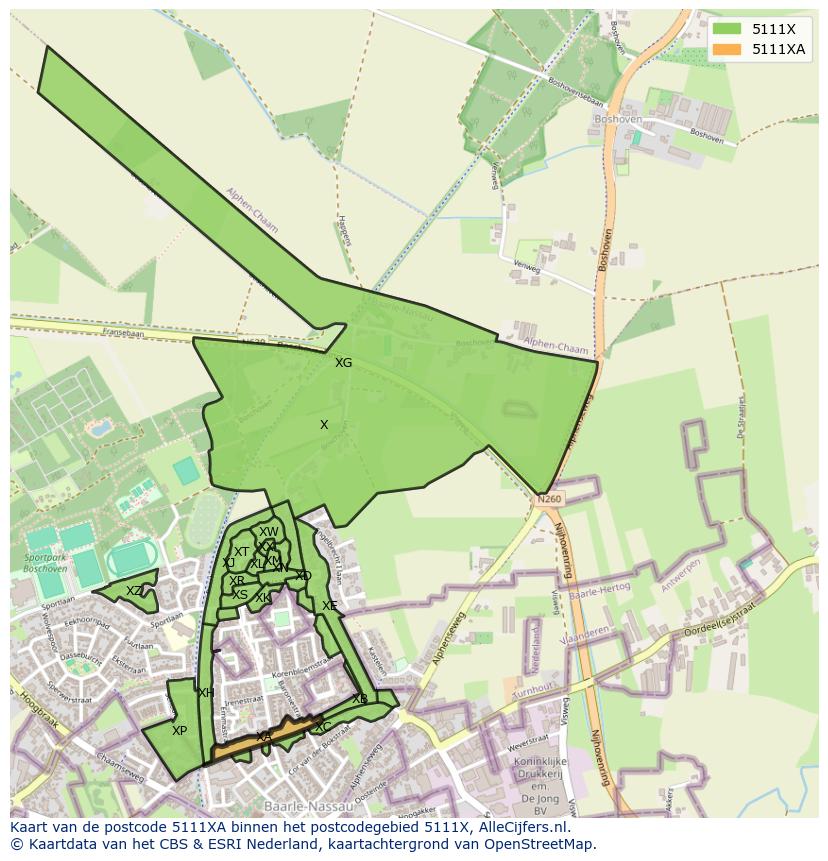 Afbeelding van het postcodegebied 5111 XA op de kaart.
