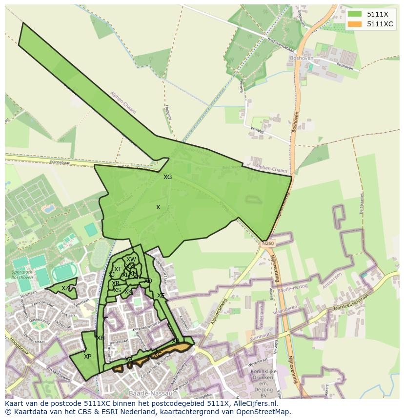 Afbeelding van het postcodegebied 5111 XC op de kaart.