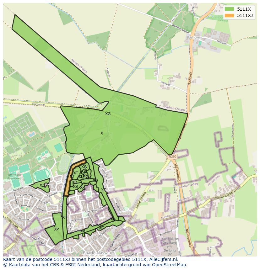 Afbeelding van het postcodegebied 5111 XJ op de kaart.
