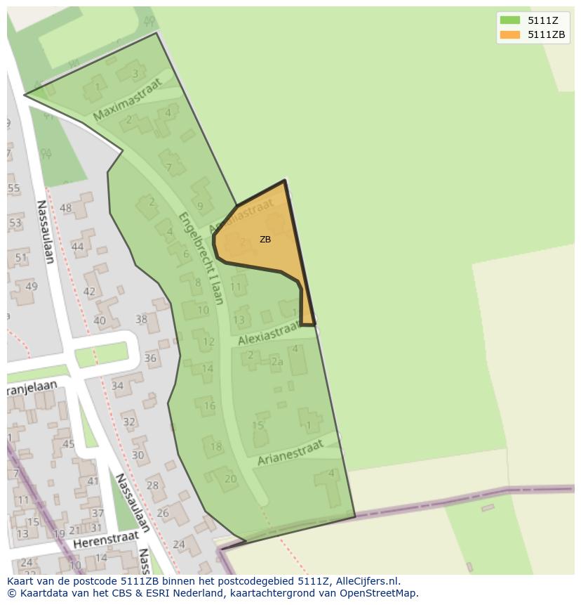 Afbeelding van het postcodegebied 5111 ZB op de kaart.