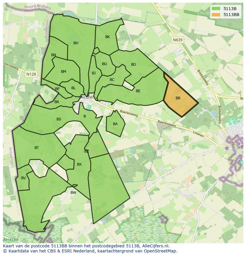Afbeelding van het postcodegebied 5113 BB op de kaart.